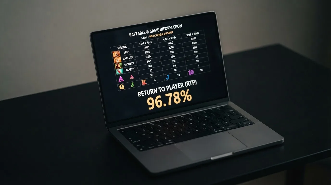ekran automatu online z otwartą tabelą wypłat pokazującą wartość procentową RTP