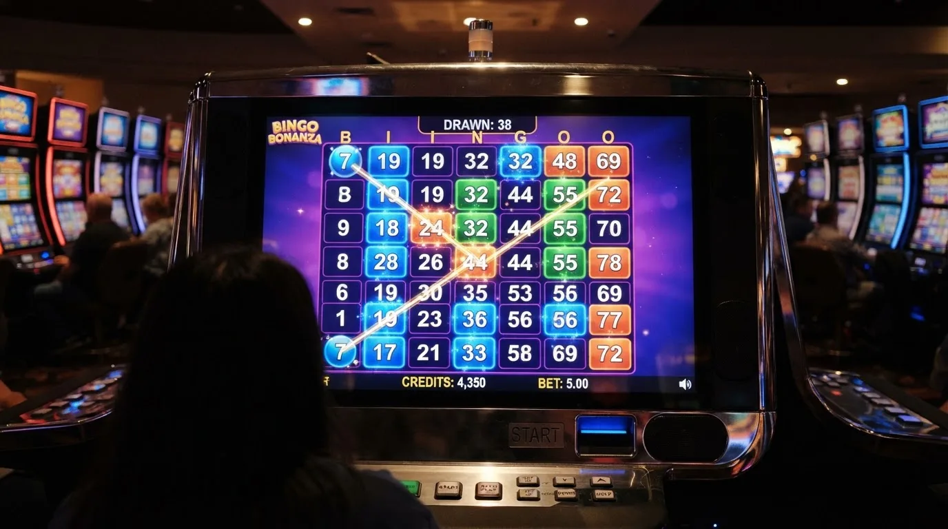 Ekran automatu do gry z kolorową planszą w stylu bingo i podświetlonymi liczbami