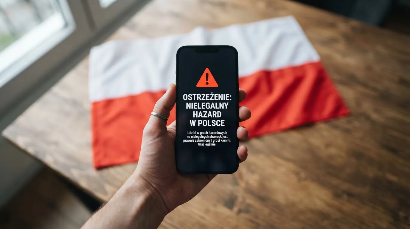 Dłoń trzymająca telefon z widocznym komunikatem ostrzegawczym o legalności hazardu online na tle biało-czerwonej flagi Polski.