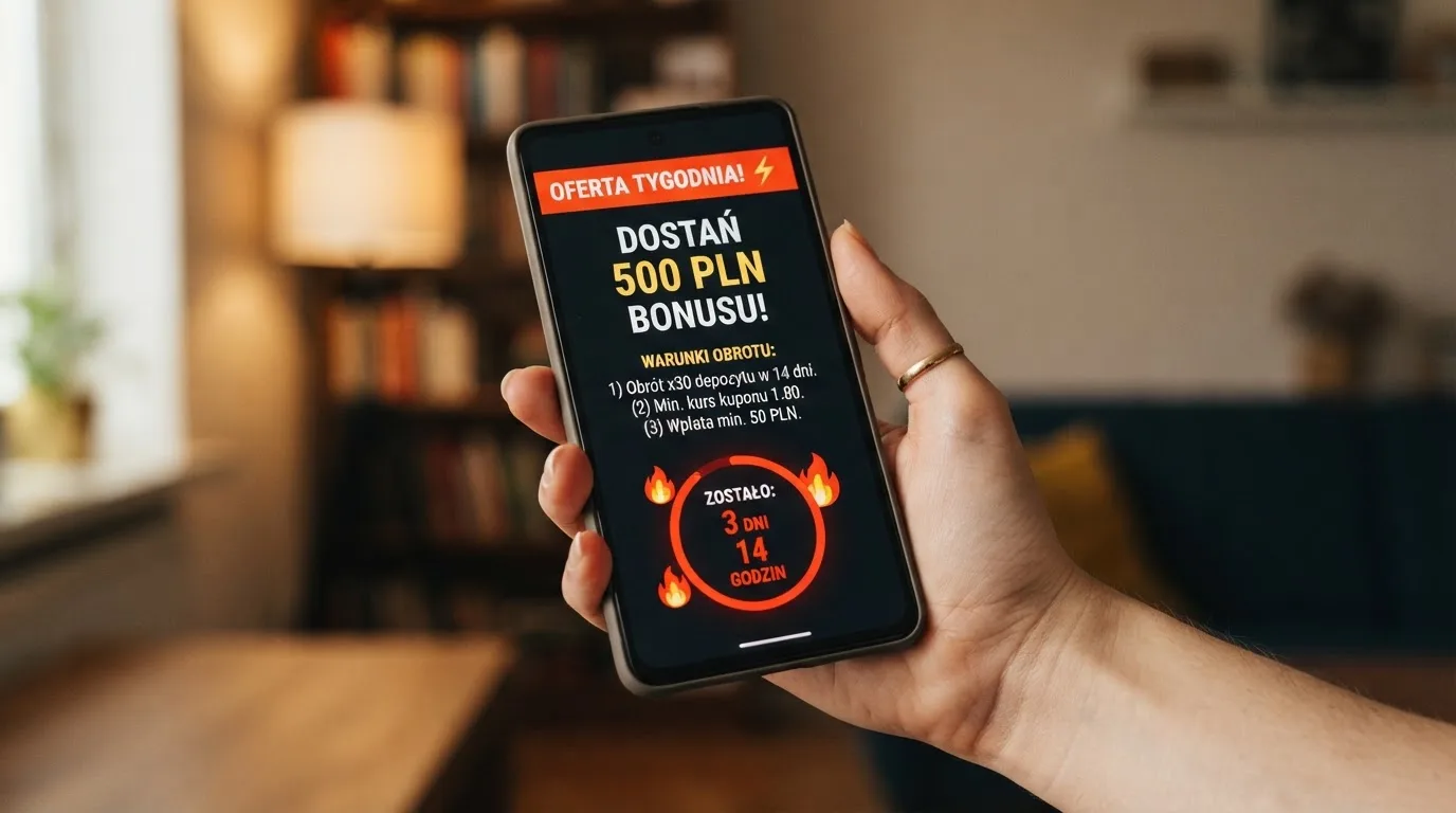 Zbliżenie na telefon z listą warunków promocji i licznikiem odliczającym dni do końca oferty