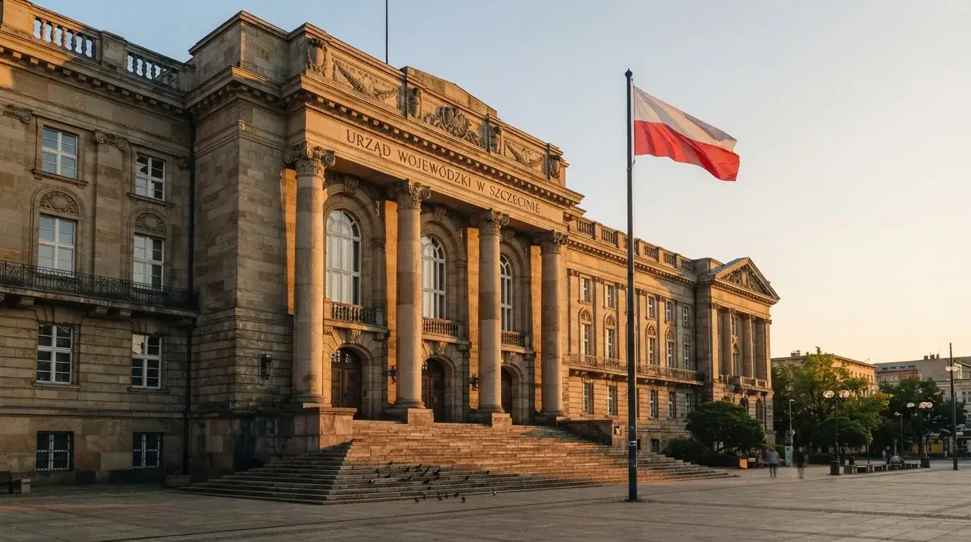Fasada budynku instytucji państwowej z flagą Polski, symbol nadzoru regulatora nad rynkiem gier hazardowych