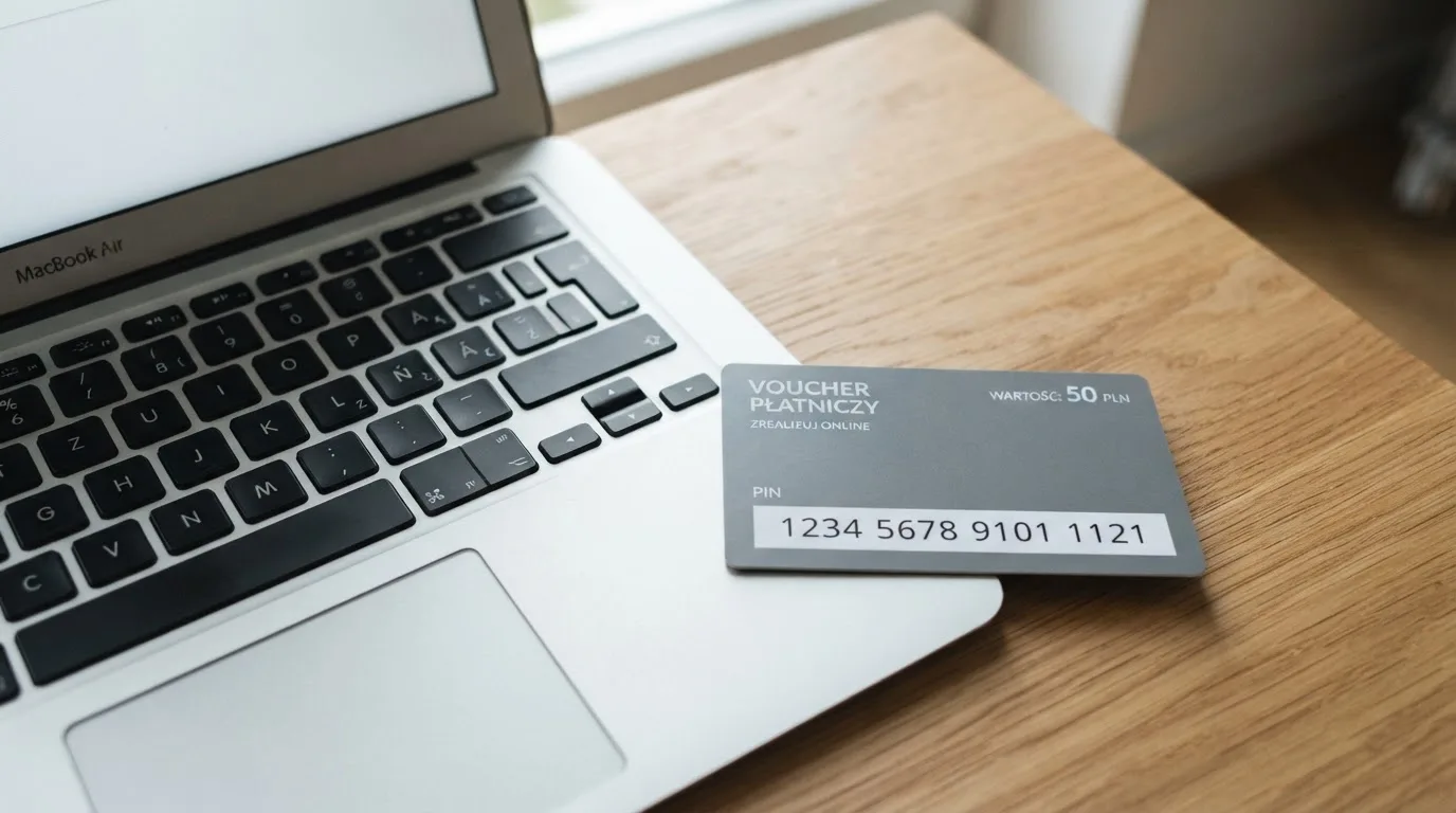 Karta przedpłacona Paysafecard z zasłoniętym polem kodu PIN obok klawiatury laptopa