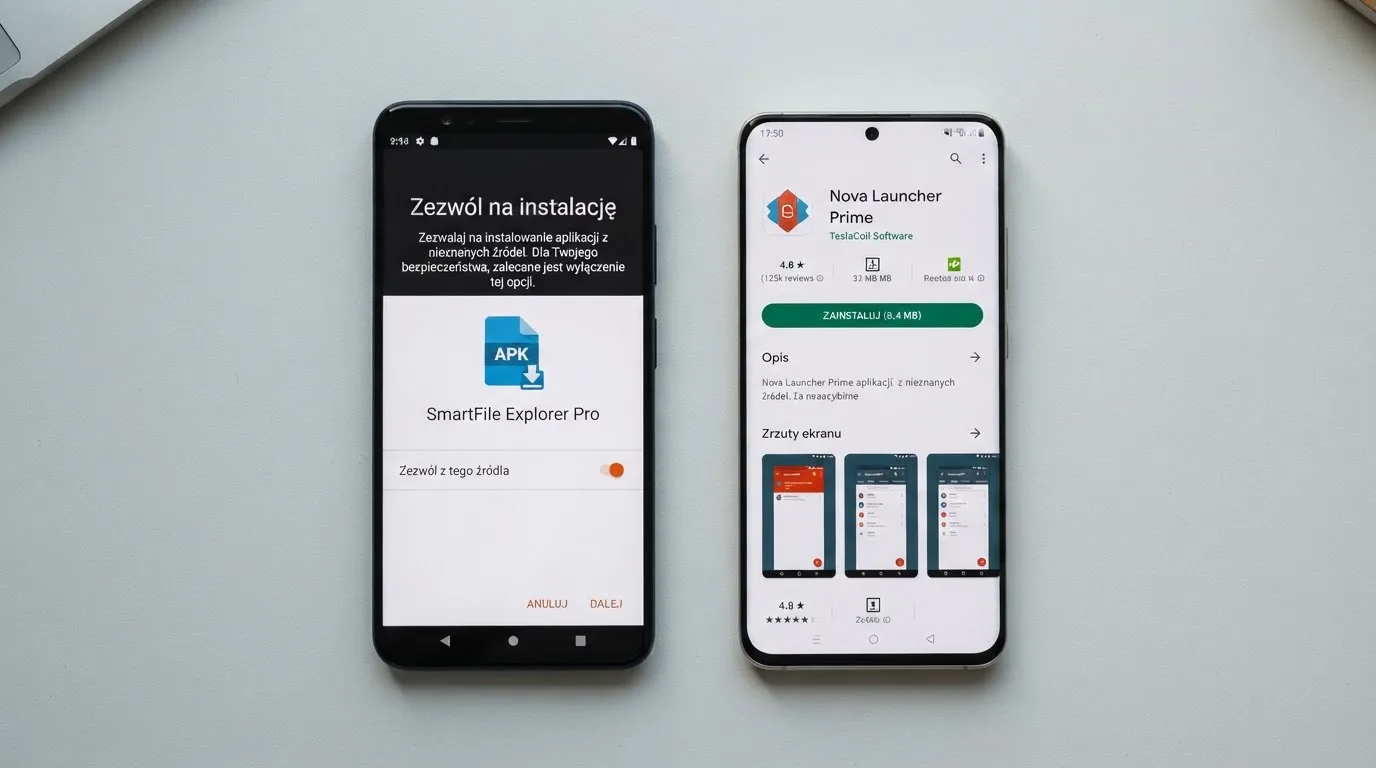 Dwa telefony obok siebie: na jednym komunikat zgody na instalację pliku APK z nieznanego źródła, na drugim strona aplikacji w sklepie z przyciskiem pobierania