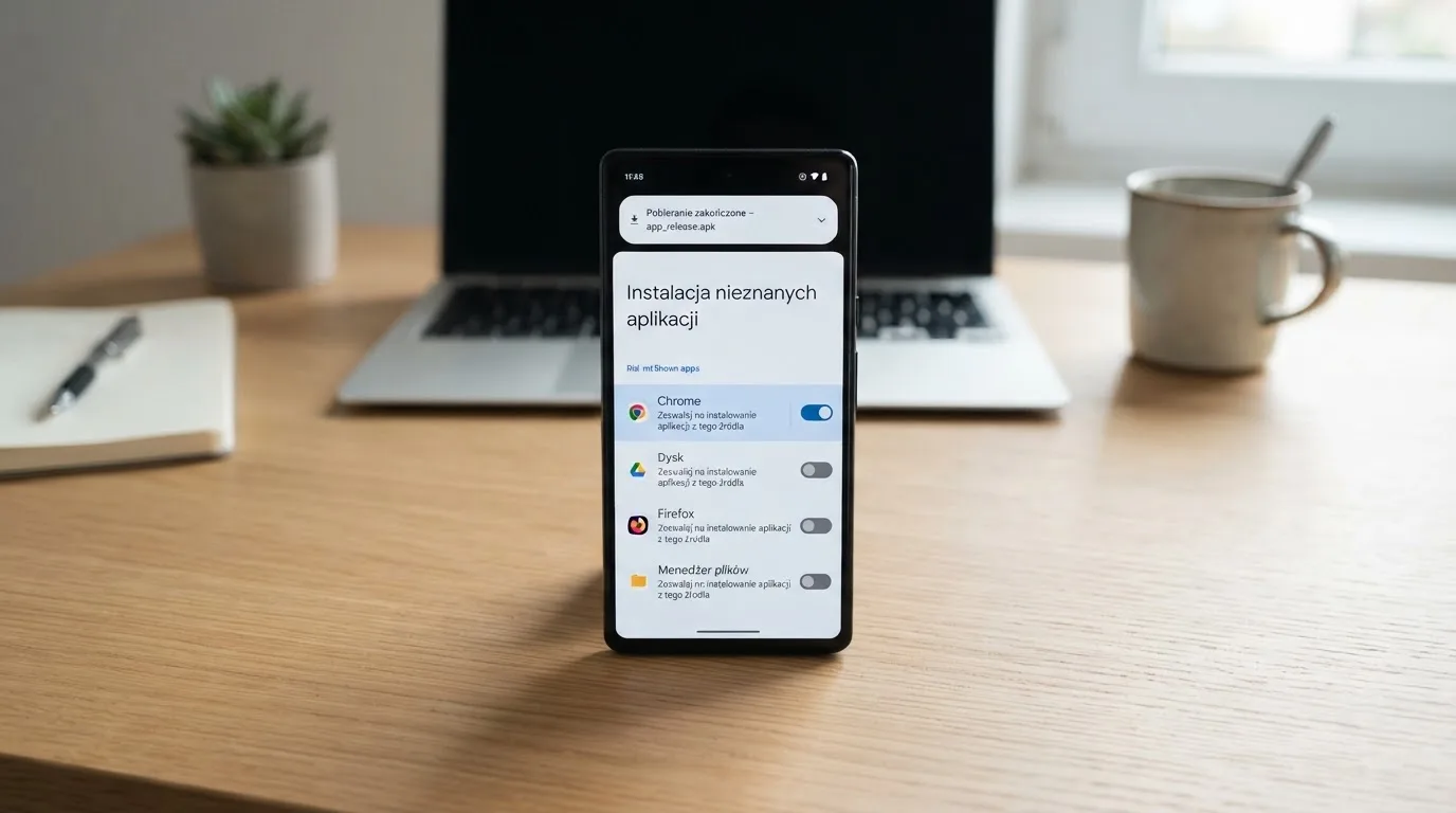 Ekran ustawień Androida z przełącznikiem zgody na instalację aplikacji z nieznanego źródła i pobranym plikiem instalacyjnym na liście