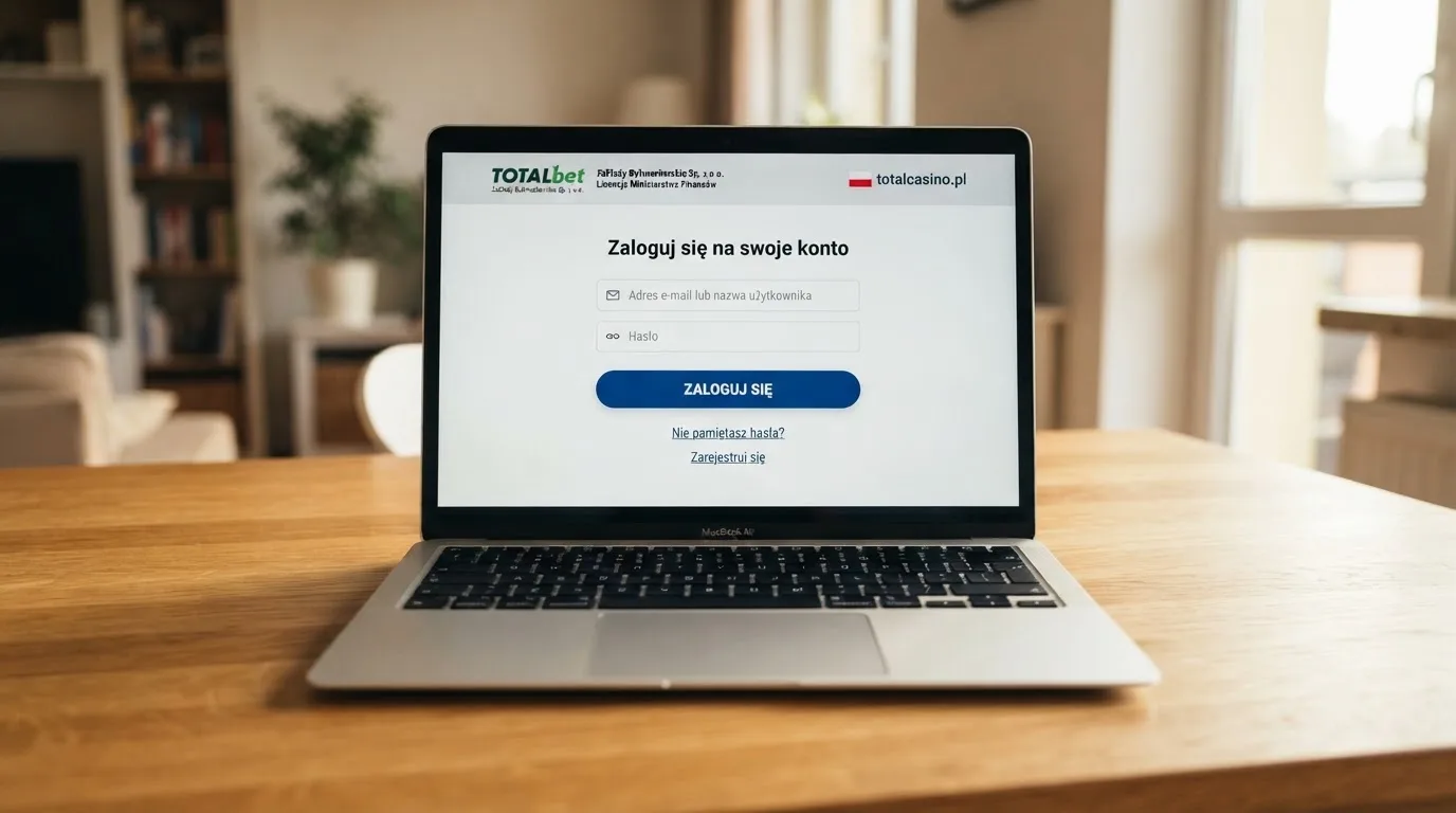 Strona logowania oficjalnej platformy Total Casino na ekranie laptopa, jedynego legalnego kasyna online w Polsce