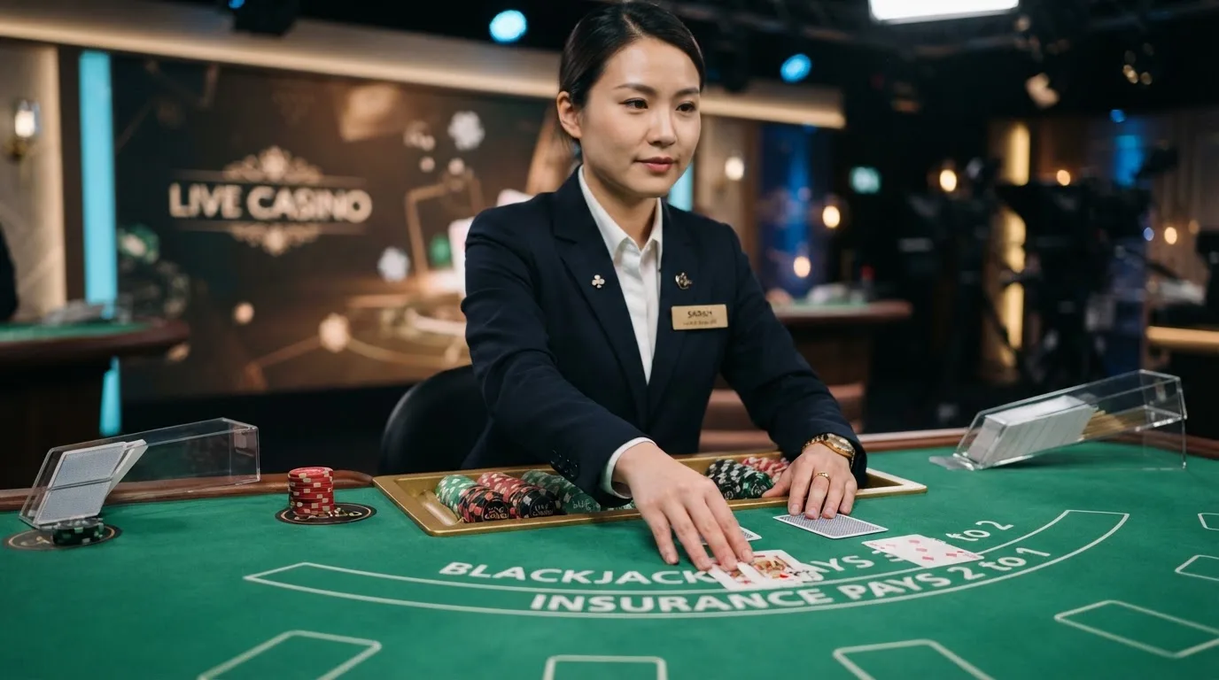 Krupier rozdający karty przy stole blackjacka podczas transmisji na żywo