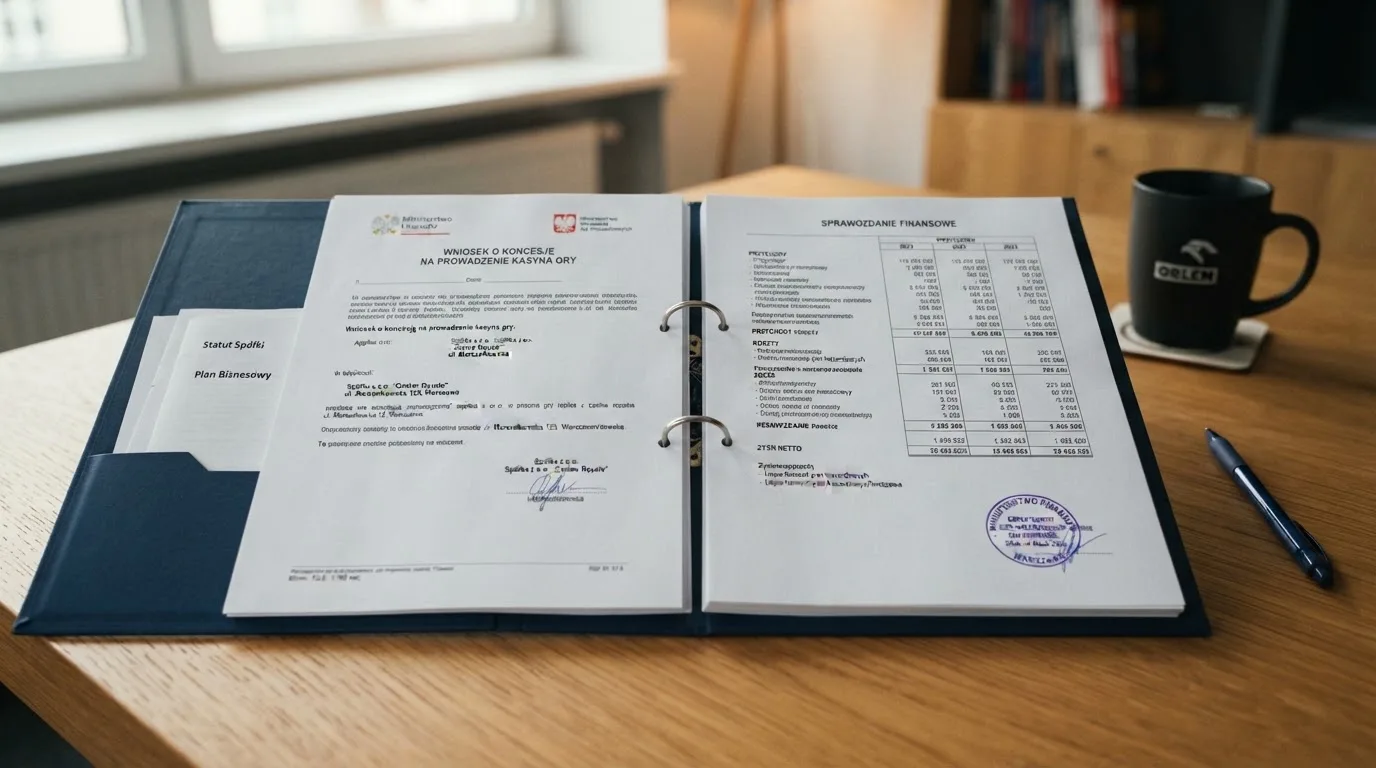 Segregator z wnioskiem o koncesję na kasyno gry, wydrukiem sprawozdania finansowego i urzędową pieczątką leżący na biurku