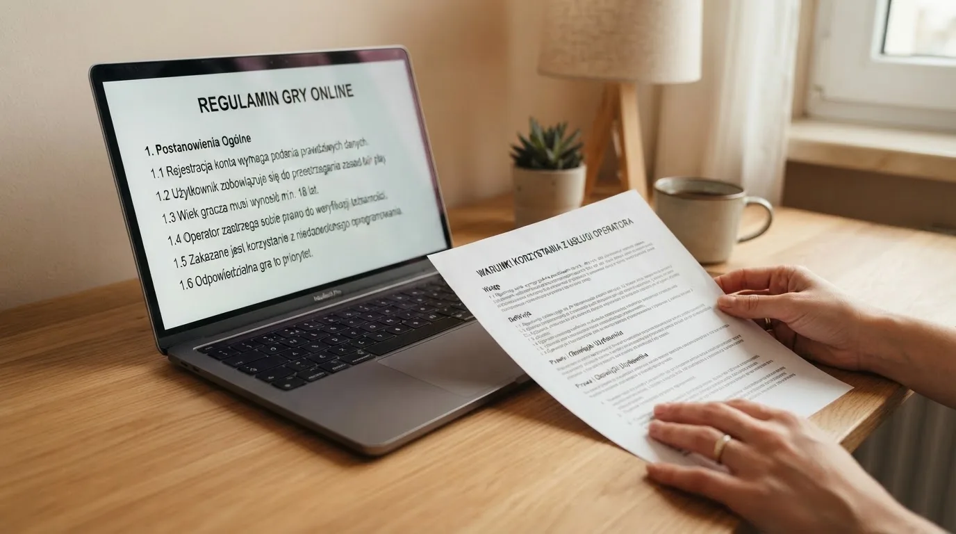 Dokument regulaminu operatora kasyna online rozłożony obok laptopa z otwartą stroną warunków gry