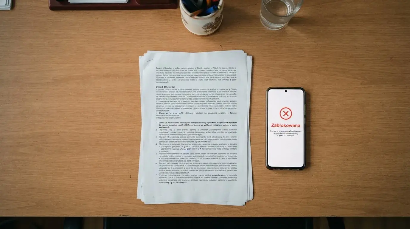 Biurko z wydrukiem ustawy o grach hazardowych i telefonem wyświetlającym komunikat o zablokowanej stronie kasyna