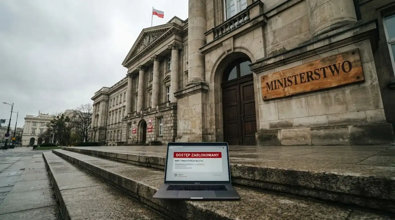 Budynek urzędu z tablicą ministerstwa, na pierwszym planie laptop z komunikatem o zablokowanej stronie kasyna