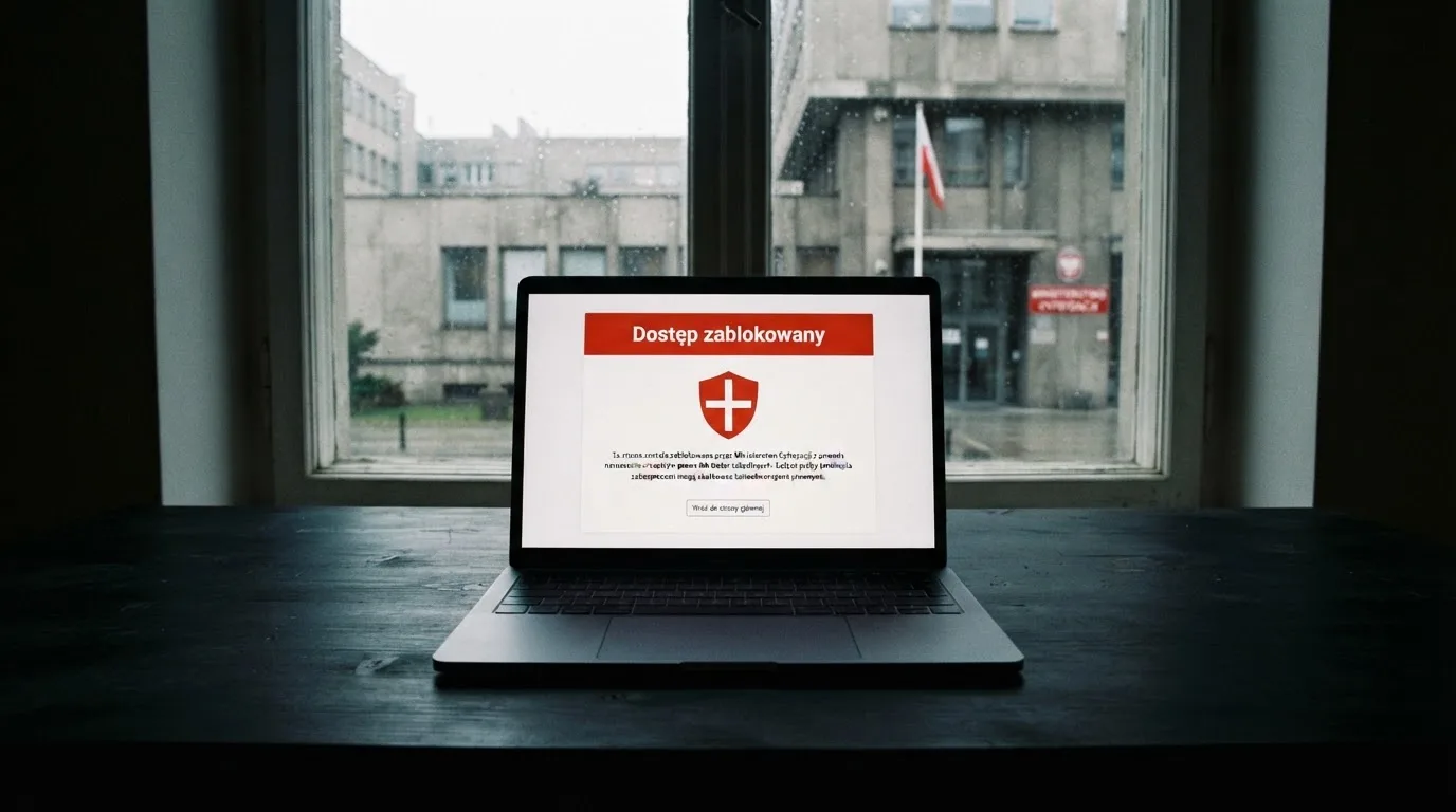 Laptop z komunikatem o zablokowanej stronie hazardowej, w tle budynek urzędu z tablicą ministerstwa