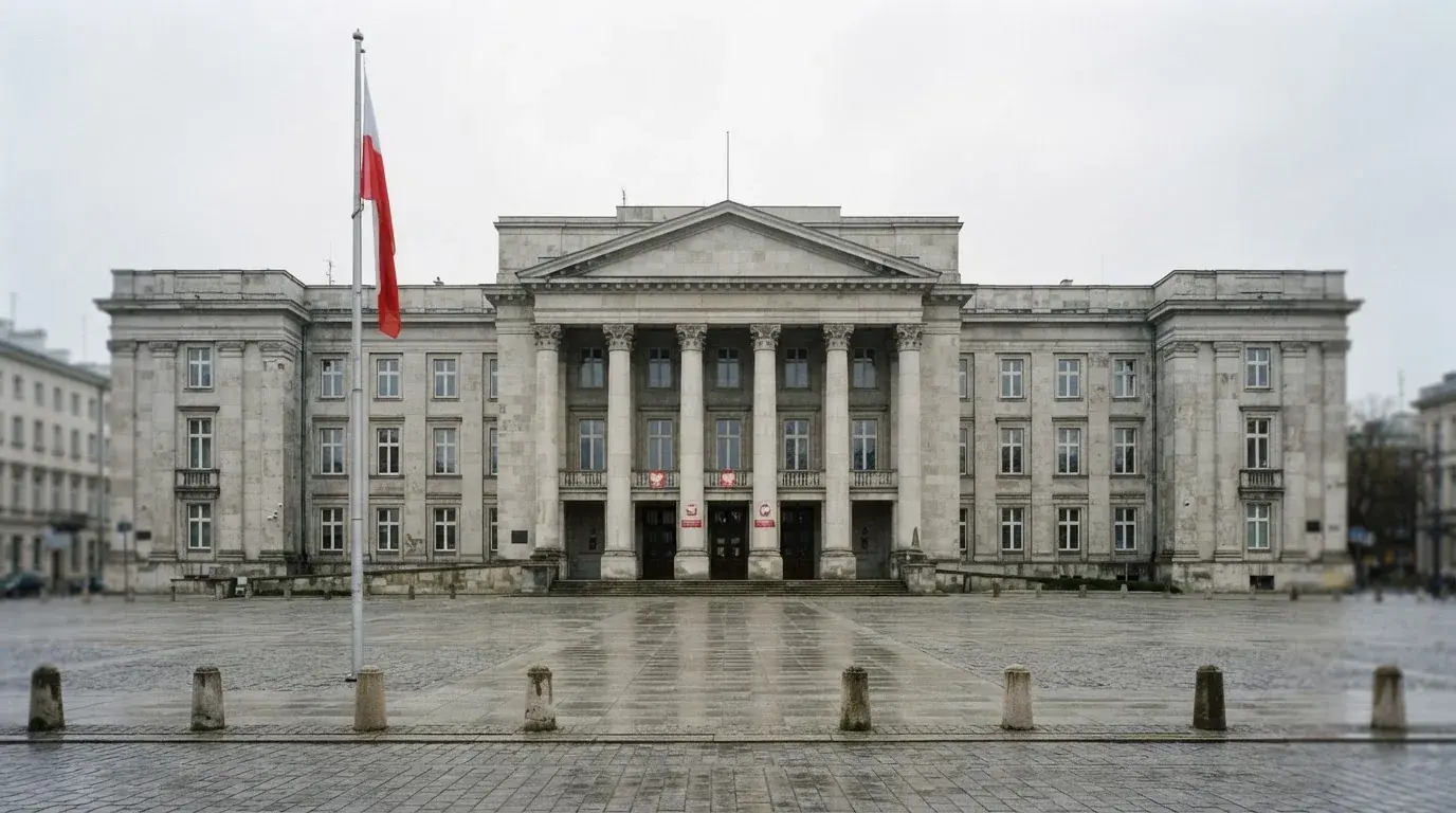 Budynek urzędu administracji państwowej z flagą Polski na maszcie w tle