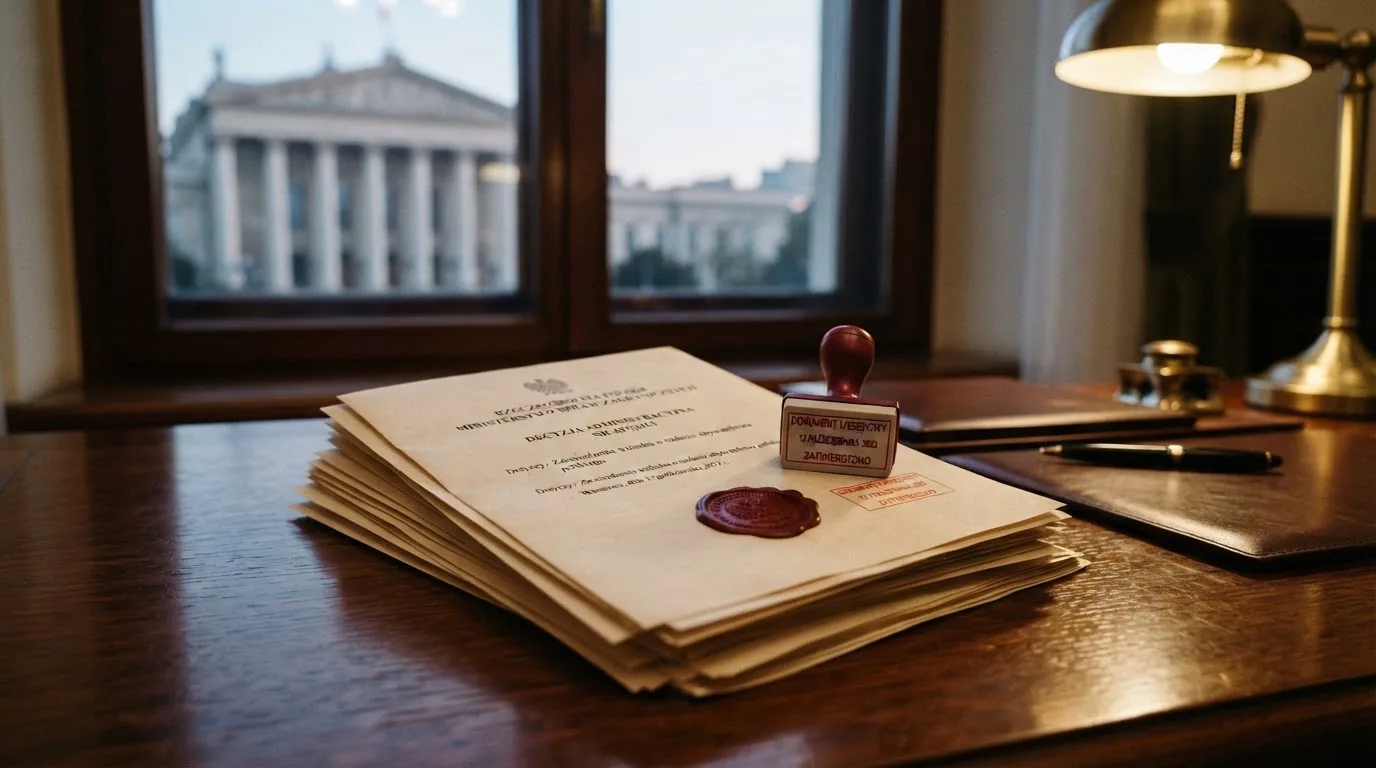Stos dokumentów urzędowych i pieczęć na biurku, w tle sylwetka budynku administracji publicznej