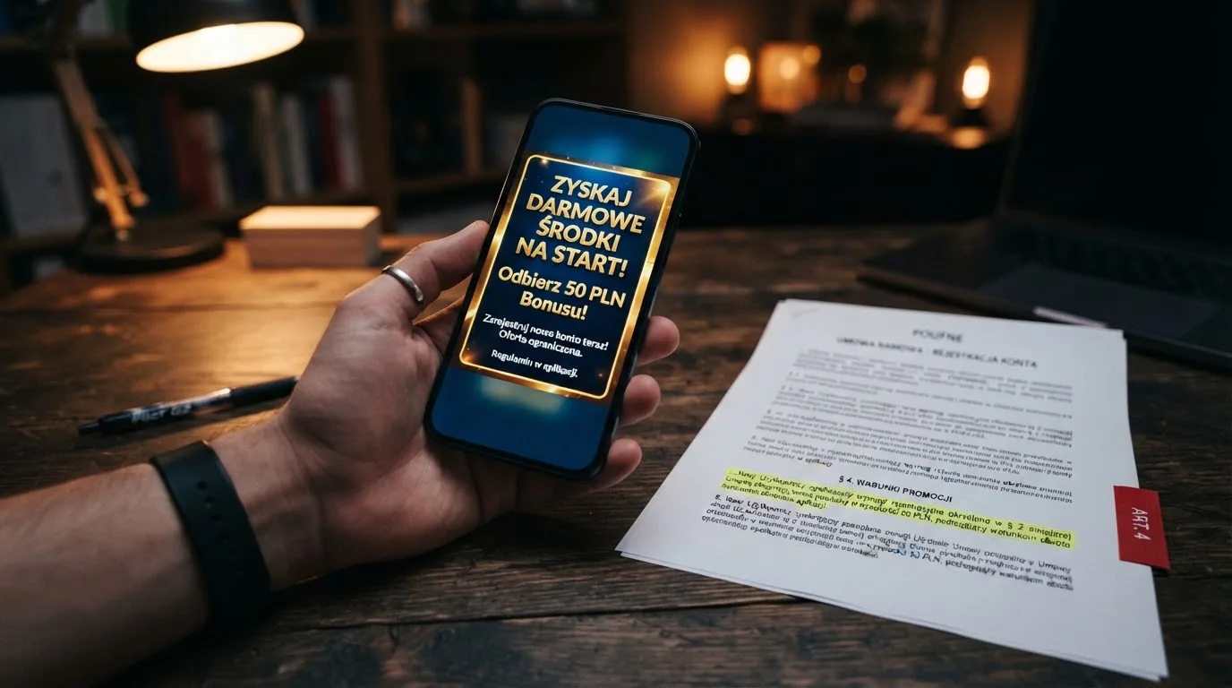 Telefon z banerem obiecującym darmowe złotówki za założenie konta, obok wydrukowany tekst ustawy o grach hazardowych z zaznaczonym artykułem