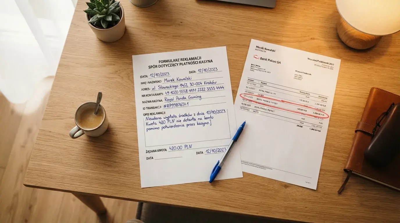 Wydrukowany formularz reklamacji leżący na biurku obok długopisu i wyciągu bankowego z zakreśloną pozycją