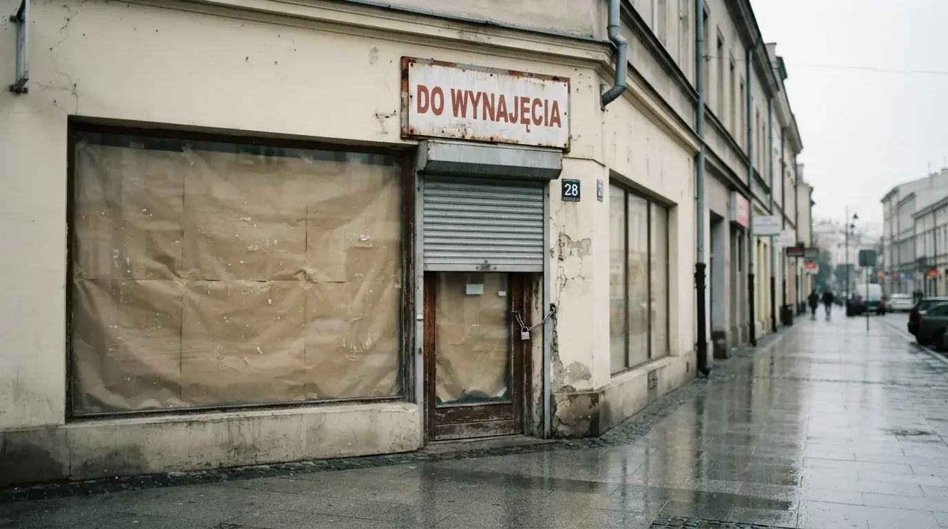 Pusty, zamknięty lokal handlowy z tabliczką „do wynajęcia”, symbolizujący brak działających salonów gry bingo pieniężne