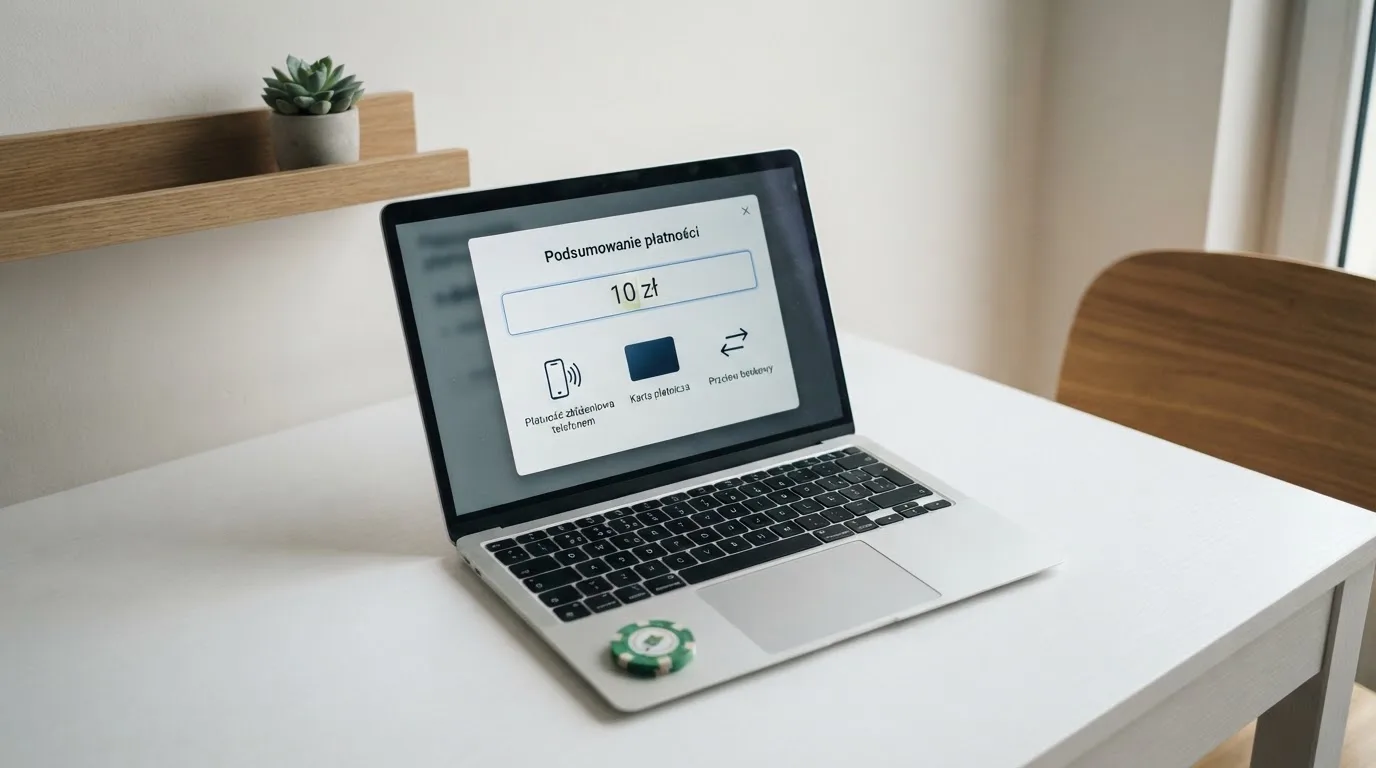Laptop z otwartym oknem wpłaty na kwotę 10 zł i listą metod: BLIK, karta płatnicza, szybki przelew