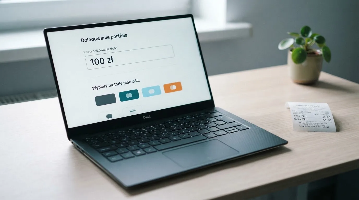 Laptop z oknem wpłaty na ePortfel, wpisana kwota 100 zł i lista metod: BLIK, karta płatnicza, szybki przelew